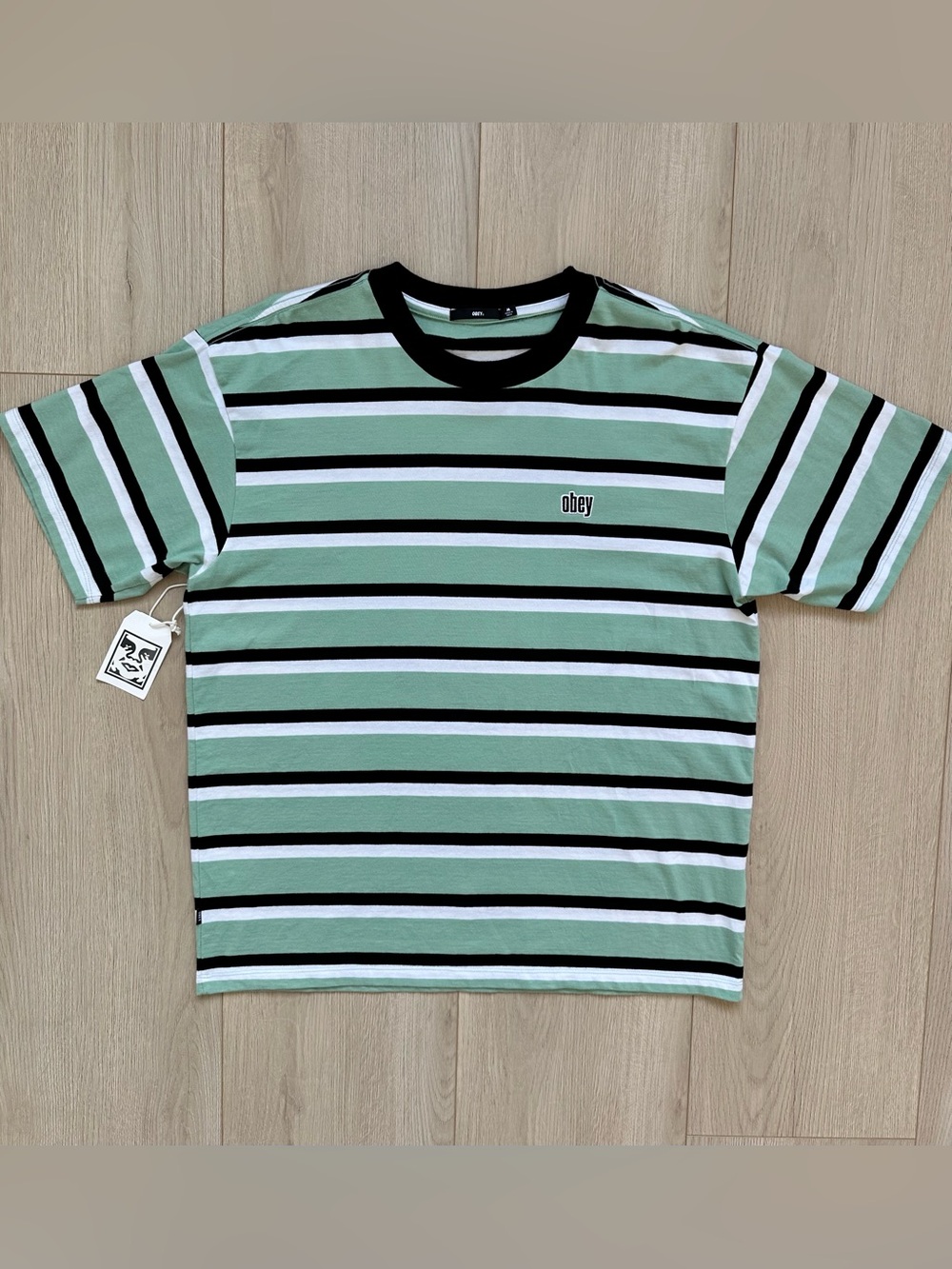 Obey Sage Green, Black & White Striped Knit Tee